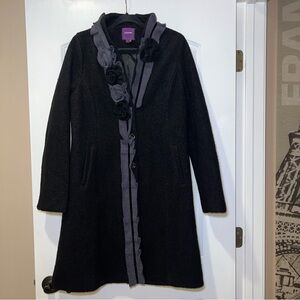 Anthropologie Lulumari Women's Black Gray Warm Coat w/Floral Decoration Size L